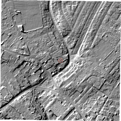 Shaded relief map of the ground around YO306FH, computed from Environment Agency LiDAR. The ground here sits at about 12 m above sea level and falls 7 m across the surrounding 800 m. Surface water reaching this point runs off ground lying to the south-south-west, 1.6 m higher.