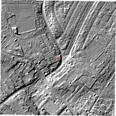 Shaded relief map of the ground around YO306FJ, computed from Environment Agency LiDAR. The ground here sits at about 12 m above sea level and falls 7 m across the surrounding 800 m. Surface water reaching this point runs off ground lying to the south-west, 2.7 m higher.