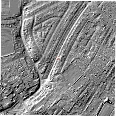 Shaded relief map of the ground around YO306JA, computed from Environment Agency LiDAR. The ground here sits at about 14 m above sea level and falls 8 m across the surrounding 800 m. Surface water reaching this point runs off ground lying to the north-east, 2.7 m higher.