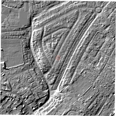 Shaded relief map of the ground around YO306JL, computed from Environment Agency LiDAR. The ground here sits at about 14 m above sea level and falls 6 m across the surrounding 800 m. Surface water reaching this point runs off ground lying to the west, 0.8 m higher.