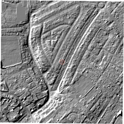 Shaded relief map of the ground around YO306JQ, computed from Environment Agency LiDAR. The ground here sits at about 14 m above sea level and falls 8 m across the surrounding 800 m. Surface water reaching this point runs off ground lying to the west, 0.6 m higher.