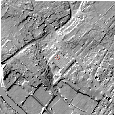 Shaded relief map of the ground around YO306LE, computed from Environment Agency LiDAR. The ground here sits at about 13 m above sea level and falls 11 m across the surrounding 800 m. Surface water reaching this point runs off ground lying to the south-east, 2.1 m higher.