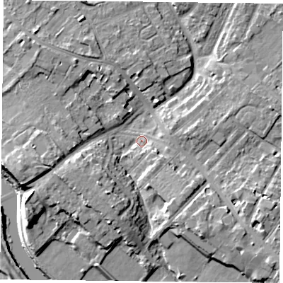 Shaded relief map of the ground around YO306LH, computed from Environment Agency LiDAR. The ground here sits at about 10 m above sea level and falls 11 m across the surrounding 800 m. Surface water reaching this point runs off ground lying to the south-south-west, 7.0 m higher.