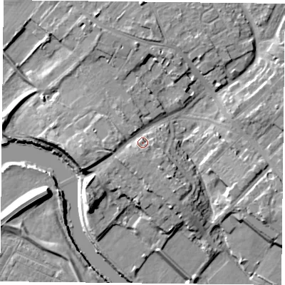 Shaded relief map of the ground around YO306LL, computed from Environment Agency LiDAR. The ground here sits at about 15 m above sea level and falls 11 m across the surrounding 800 m. Surface water reaching this point runs off ground lying to the south-west, 3.1 m higher.