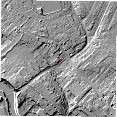Shaded relief map of the ground around YO306LN, computed from Environment Agency LiDAR. The ground here sits at about 11 m above sea level and falls 11 m across the surrounding 800 m. Surface water reaching this point runs off ground lying to the south-south-west, 7.2 m higher.
