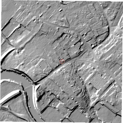 Shaded relief map of the ground around YO306LP, computed from Environment Agency LiDAR. The ground here sits at about 13 m above sea level and falls 11 m across the surrounding 800 m. Surface water reaching this point runs off ground lying to the south-south-west, 4.1 m higher.