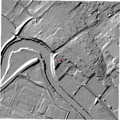 Shaded relief map of the ground around YO306LU, computed from Environment Agency LiDAR. The ground here sits at about 14 m above sea level and falls 11 m across the surrounding 800 m. Surface water reaching this point runs off ground lying to the north-east, 3.0 m higher.