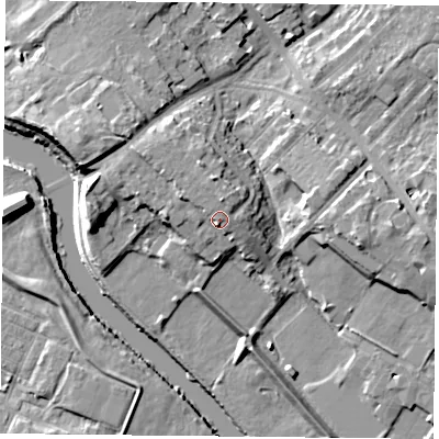 Shaded relief map of the ground around YO306LY, computed from Environment Agency LiDAR. The ground here sits at about 15 m above sea level and falls 11 m across the surrounding 800 m. Surface water reaching this point runs off ground lying to the north, 1.3 m higher.