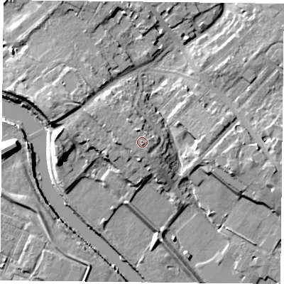 Shaded relief map of the ground around YO306LZ, computed from Environment Agency LiDAR. The ground here sits at about 16 m above sea level and falls 11 m across the surrounding 800 m. Surface water reaching this point runs off ground lying to the north-west, 1.0 m higher.