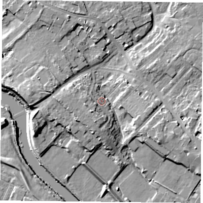 Shaded relief map of the ground around YO306NA, computed from Environment Agency LiDAR. The ground here sits at about 12 m above sea level and falls 11 m across the surrounding 800 m. Surface water reaching this point runs off ground lying to the south-west, 6.7 m higher.