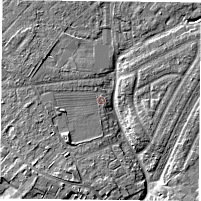 Shaded relief map of the ground around YO306NB, computed from Environment Agency LiDAR. The ground here sits at about 12 m above sea level and falls 5 m across the surrounding 800 m. Surface water reaching this point runs off ground lying to the west-south-west, 1.3 m higher.