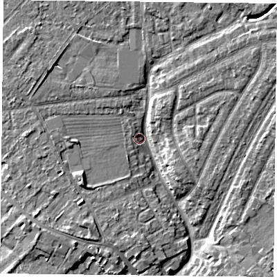 Shaded relief map of the ground around YO306ND, computed from Environment Agency LiDAR. The ground here sits at about 11 m above sea level and falls 5 m across the surrounding 800 m. Surface water reaching this point runs off ground lying to the north-east, 4.3 m higher.