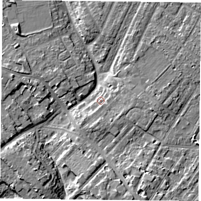 Shaded relief map of the ground around YO306NE, computed from Environment Agency LiDAR. The ground here sits at about 12 m above sea level and falls 7 m across the surrounding 800 m. Surface water reaching this point runs off ground lying to the south, 3.6 m higher.