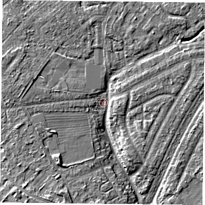 Shaded relief map of the ground around YO306NF, computed from Environment Agency LiDAR. The ground here sits at about 11 m above sea level and falls 5 m across the surrounding 800 m. Surface water reaching this point runs off ground lying to the east-north-east, 3.3 m higher.