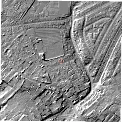 Shaded relief map of the ground around YO306NJ, computed from Environment Agency LiDAR. The ground here sits at about 12 m above sea level and falls 6 m across the surrounding 800 m. Surface water reaching this point runs off ground lying to the west-south-west, 2.8 m higher.