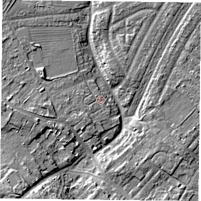 Shaded relief map of the ground around YO306NL, computed from Environment Agency LiDAR. The ground here sits at about 12 m above sea level and falls 7 m across the surrounding 800 m. Surface water reaching this point runs off ground lying to the south-west, 1.7 m higher.