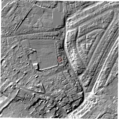 Shaded relief map of the ground around YO306PG, computed from Environment Agency LiDAR. The ground here sits at about 12 m above sea level and falls 6 m across the surrounding 800 m. Surface water reaching this point runs off ground lying to the west-south-west, 2.7 m higher.