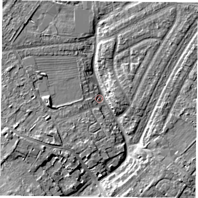 Shaded relief map of the ground around YO306PH, computed from Environment Agency LiDAR. The ground here sits at about 11 m above sea level and falls 6 m across the surrounding 800 m. Surface water reaching this point runs off ground lying to the west-south-west, 4.8 m higher.