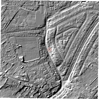 Shaded relief map of the ground around YO306PN, computed from Environment Agency LiDAR. The ground here sits at about 11 m above sea level and falls 6 m across the surrounding 800 m. Surface water reaching this point runs off ground lying to the north-east, 4.4 m higher.