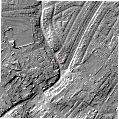 Shaded relief map of the ground around YO306PP, computed from Environment Agency LiDAR. The ground here sits at about 11 m above sea level and falls 6 m across the surrounding 800 m. Surface water reaching this point runs off ground lying to the west-north-west, 4.8 m higher.