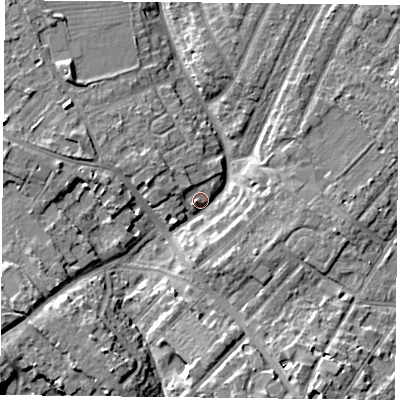 Shaded relief map of the ground around YO306PR, computed from Environment Agency LiDAR. The ground here sits at about 11 m above sea level and falls 7 m across the surrounding 800 m. Surface water reaching this point runs off ground lying to the south-south-west, 7.2 m higher.