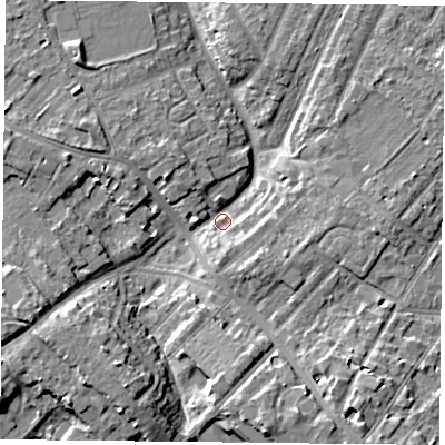Shaded relief map of the ground around YO306PU, computed from Environment Agency LiDAR. The ground here sits at about 11 m above sea level and falls 7 m across the surrounding 800 m. Surface water reaching this point runs off ground lying to the south-west, 7.2 m higher.
