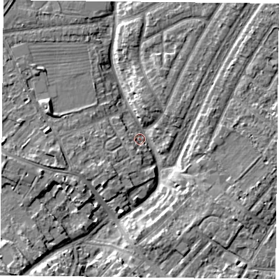 Shaded relief map of the ground around YO306PW, computed from Environment Agency LiDAR. The ground here sits at about 11 m above sea level and falls 7 m across the surrounding 800 m. Surface water reaching this point runs off ground lying to the south-south-west, 2.7 m higher.