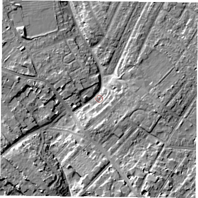 Shaded relief map of the ground around YO306PX, computed from Environment Agency LiDAR. The ground here sits at about 10 m above sea level and falls 7 m across the surrounding 800 m. Surface water reaching this point runs off ground lying to the south-west, 7.1 m higher.