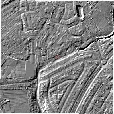 Shaded relief map of the ground around YO306PY, computed from Environment Agency LiDAR. The ground here sits at about 13 m above sea level and falls 5 m across the surrounding 800 m. Surface water reaching this point runs off ground lying to the north-east, 3.7 m higher.