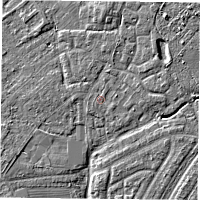 Shaded relief map of the ground around YO306QB, computed from Environment Agency LiDAR. The ground here sits at about 13 m above sea level and falls 5 m across the surrounding 800 m. Surface water reaching this point runs off ground lying to the north-north-east, 0.5 m higher.