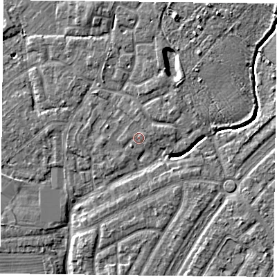 Shaded relief map of the ground around YO306QG, computed from Environment Agency LiDAR. The ground here sits at about 14 m above sea level and falls 5 m across the surrounding 800 m. Surface water reaching this point runs off ground lying to the north-east, 0.8 m higher.