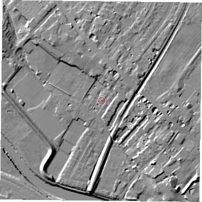 Shaded relief map of the ground around YO307AA, computed from Environment Agency LiDAR. The ground here sits at about 11 m above sea level and falls 15 m across the surrounding 800 m. Surface water reaching this point runs off ground lying to the north-north-east, 6.4 m higher.