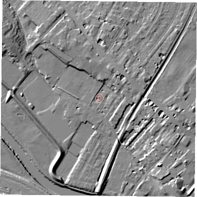 Shaded relief map of the ground around YO307AB, computed from Environment Agency LiDAR. The ground here sits at about 11 m above sea level and falls 14 m across the surrounding 800 m. Surface water reaching this point runs off ground lying to the north-east, 6.8 m higher.