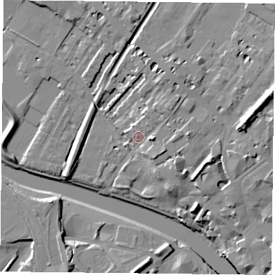 Shaded relief map of the ground around YO307BH, computed from Environment Agency LiDAR. The ground here sits at about 14 m above sea level and falls 17 m across the surrounding 800 m. Surface water reaching this point runs off ground lying to the east, 6.0 m higher.