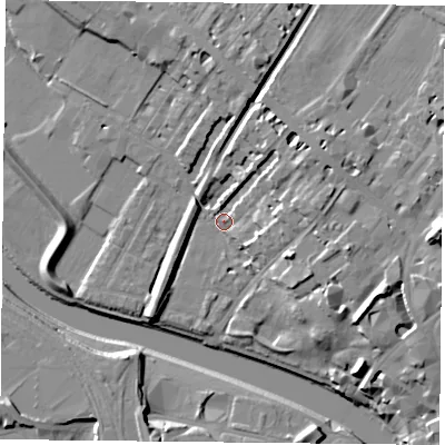 Shaded relief map of the ground around YO307BJ, computed from Environment Agency LiDAR. The ground here sits at about 11 m above sea level and falls 16 m across the surrounding 800 m. Surface water reaching this point runs off ground lying to the north-east, 8.6 m higher.