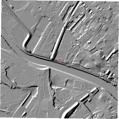 Shaded relief map of the ground around YO307BQ, computed from Environment Agency LiDAR. The ground here sits at about 9 m above sea level and falls 19 m across the surrounding 800 m. Surface water reaching this point runs off ground lying to the east, 0.7 m higher.