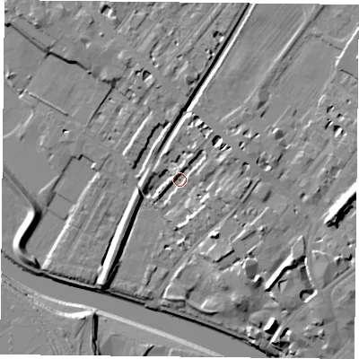 Shaded relief map of the ground around YO307DD, computed from Environment Agency LiDAR. The ground here sits at about 12 m above sea level and falls 16 m across the surrounding 800 m. Surface water reaching this point runs off ground lying to the east-north-east, 8.6 m higher.