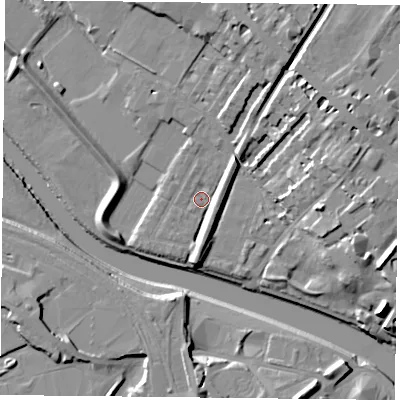 Shaded relief map of the ground around YO307DJ, computed from Environment Agency LiDAR. The ground here sits at about 9 m above sea level and falls 14 m across the surrounding 800 m. Surface water reaching this point runs off ground lying to the north-north-east, 9.0 m higher.
