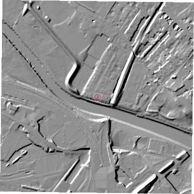 Shaded relief map of the ground around YO307DL, computed from Environment Agency LiDAR. The ground here sits at about 10 m above sea level and falls 18 m across the surrounding 800 m. The ground contributing surface water to this point lies to the east-north-east.