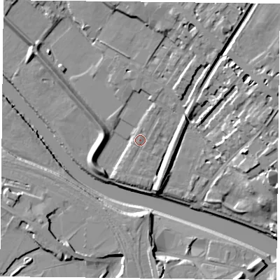 Shaded relief map of the ground around YO307DN, computed from Environment Agency LiDAR. The ground here sits at about 10 m above sea level and falls 13 m across the surrounding 800 m. Surface water reaching this point runs off ground lying to the north-north-east, 9.0 m higher.