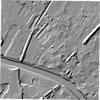 Shaded relief map of the ground around YO307DR, computed from Environment Agency LiDAR. The ground here sits at about 14 m above sea level and falls 17 m across the surrounding 800 m. Surface water reaching this point runs off ground lying to the east-north-east, 5.7 m higher.