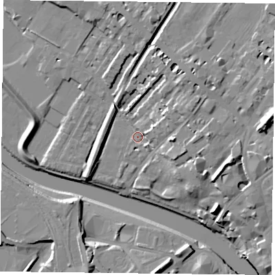 Shaded relief map of the ground around YO307DS, computed from Environment Agency LiDAR. The ground here sits at about 10 m above sea level and falls 17 m across the surrounding 800 m. Surface water reaching this point runs off ground lying to the north-east, 6.7 m higher.