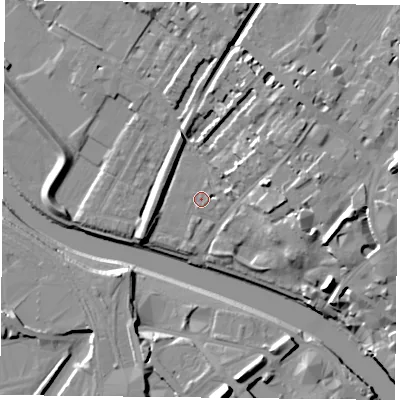 Shaded relief map of the ground around YO307DT, computed from Environment Agency LiDAR. The ground here sits at about 9 m above sea level and falls 16 m across the surrounding 800 m. Surface water reaching this point runs off ground lying to the north-east, 7.0 m higher.