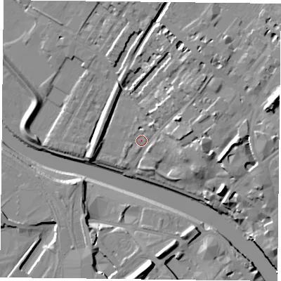 Shaded relief map of the ground around YO307DX, computed from Environment Agency LiDAR. The ground here sits at about 9 m above sea level and falls 17 m across the surrounding 800 m. Surface water reaching this point runs off ground lying to the east-north-east, 10.4 m higher.