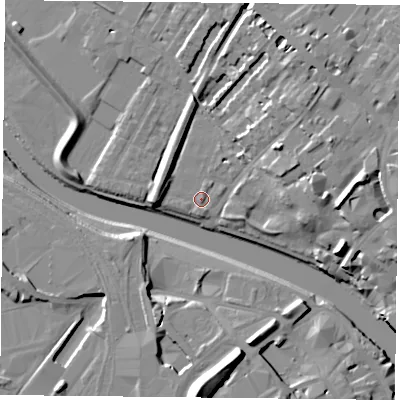 Shaded relief map of the ground around YO307DY, computed from Environment Agency LiDAR. The ground here sits at about 9 m above sea level and falls 19 m across the surrounding 800 m. Surface water reaching this point runs off ground lying to the north-east, 9.4 m higher.