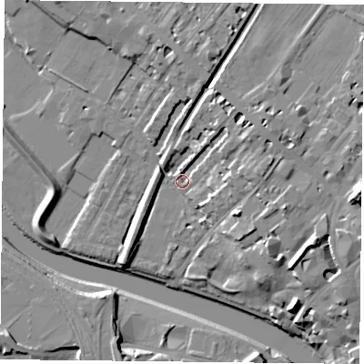 Shaded relief map of the ground around YO307EB, computed from Environment Agency LiDAR. The ground here sits at about 11 m above sea level and falls 16 m across the surrounding 800 m. Surface water reaching this point runs off ground lying to the east-north-east, 8.6 m higher.