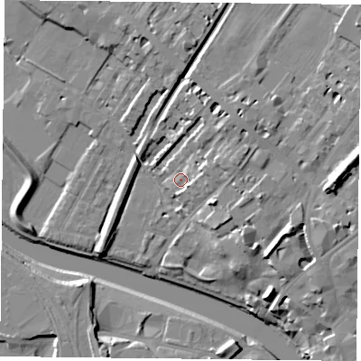 Shaded relief map of the ground around YO307ED, computed from Environment Agency LiDAR. The ground here sits at about 12 m above sea level and falls 17 m across the surrounding 800 m. Surface water reaching this point runs off ground lying to the north-east, 6.8 m higher.
