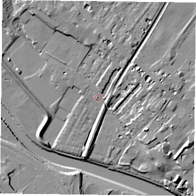 Shaded relief map of the ground around YO307EL, computed from Environment Agency LiDAR. The ground here sits at about 10 m above sea level and falls 15 m across the surrounding 800 m. Surface water reaching this point runs off ground lying to the north, 7.5 m higher.