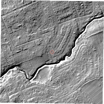 Shaded relief map of the ground around YO310HQ, computed from Environment Agency LiDAR. The ground here sits at about 13 m above sea level and falls 8 m across the surrounding 800 m. Surface water reaching this point runs off ground lying to the west-north-west, 1.9 m higher.
