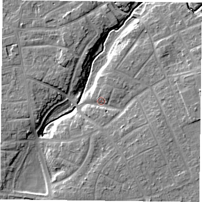 Shaded relief map of the ground around YO310RD, computed from Environment Agency LiDAR. The ground here sits at about 12 m above sea level and falls 8 m across the surrounding 800 m. Surface water reaching this point runs off ground lying to the east-north-east, 4.1 m higher.